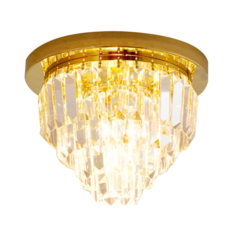 4 Bulbs Tapered Flush Ceiling Light Traditional Gold Crystal Prism Flushmount Lighting