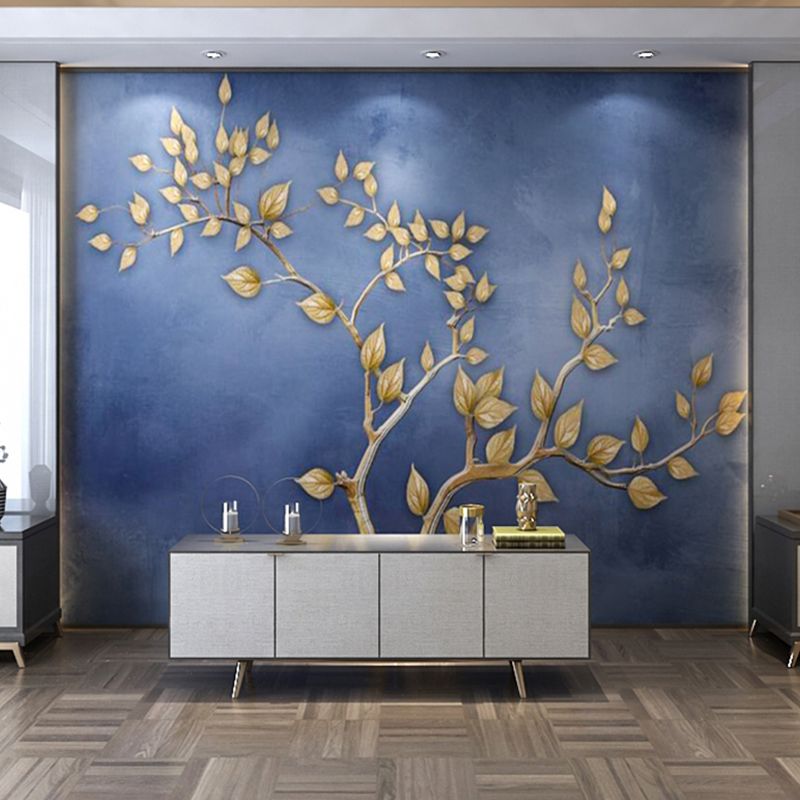Giant Leaf and Cloud Mural Contemporary Novelty 3D Effect Wall Decor in Blue and Gold