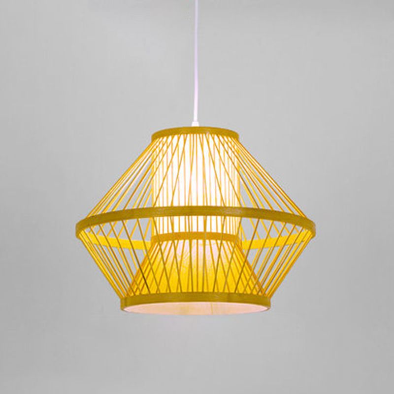 Bamboo Asia Pendant Light 1-Light Beige Geometric Hanging Ceiling Light