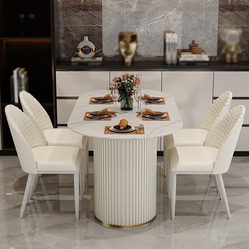 Contemporary Oval Dining Table Stone and Metal Double Pedestal Dining Table in White