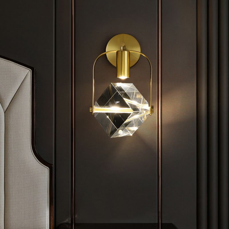 Gold Cube Wall Mount Lighting Modern Clear Crystal Sleeping Room LED Handle Sconce Light Fixture