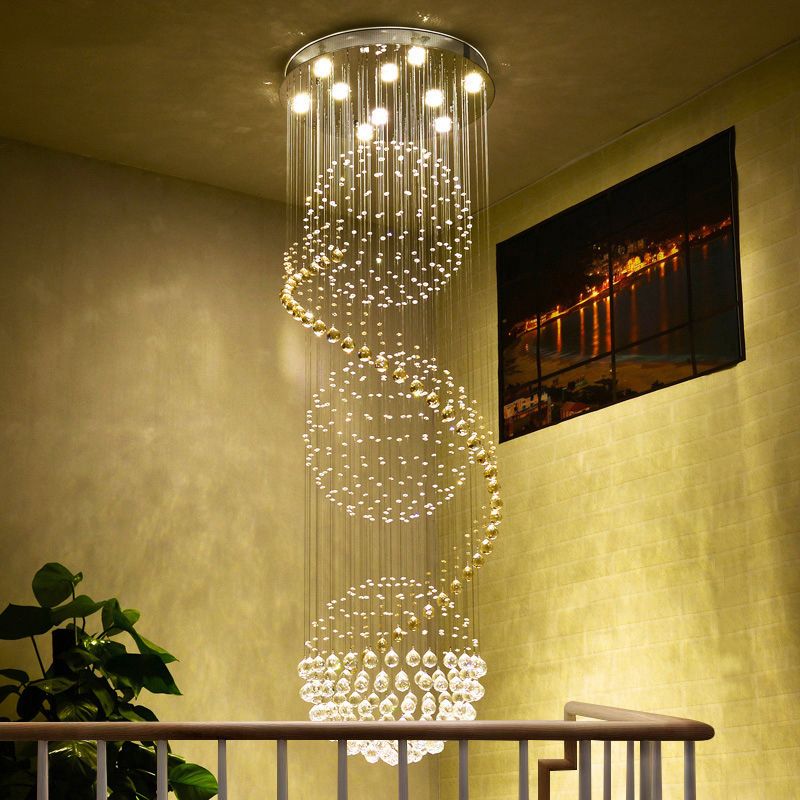 Clear Crystal Spiral Cascading Pendant Modernism 4 Lights Stairway LED Multi Light Chandelier