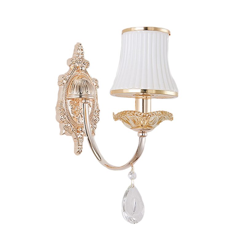 1/2-Light Flared Wall Light Sconce Traditionalism Brass Frosted White Glass Wall Lighting Fixture with Crystal Draping