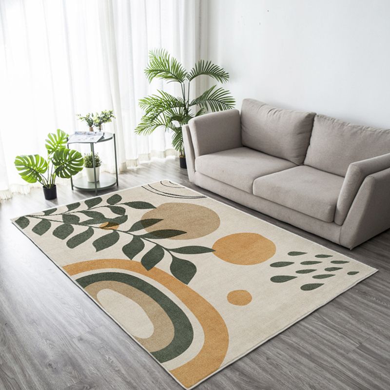 Dark Green Modern Rug Polyester Leaves Rug Non-Slip Backing Rug for Living Room