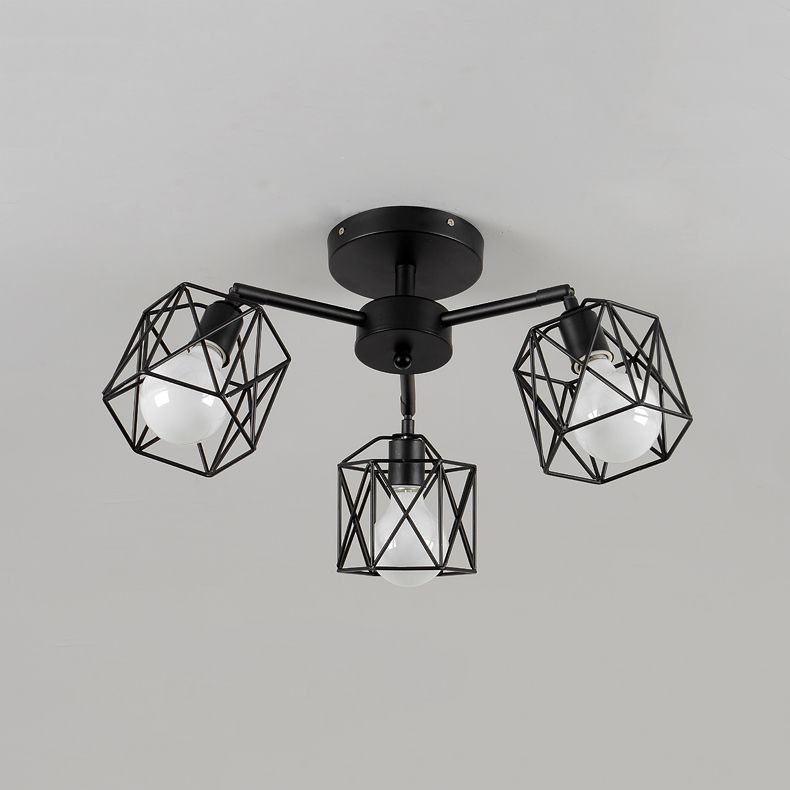 Black Caged Semi Flush Ceiling Light Industrial Metal Living Room Ceiling Mount Lighting