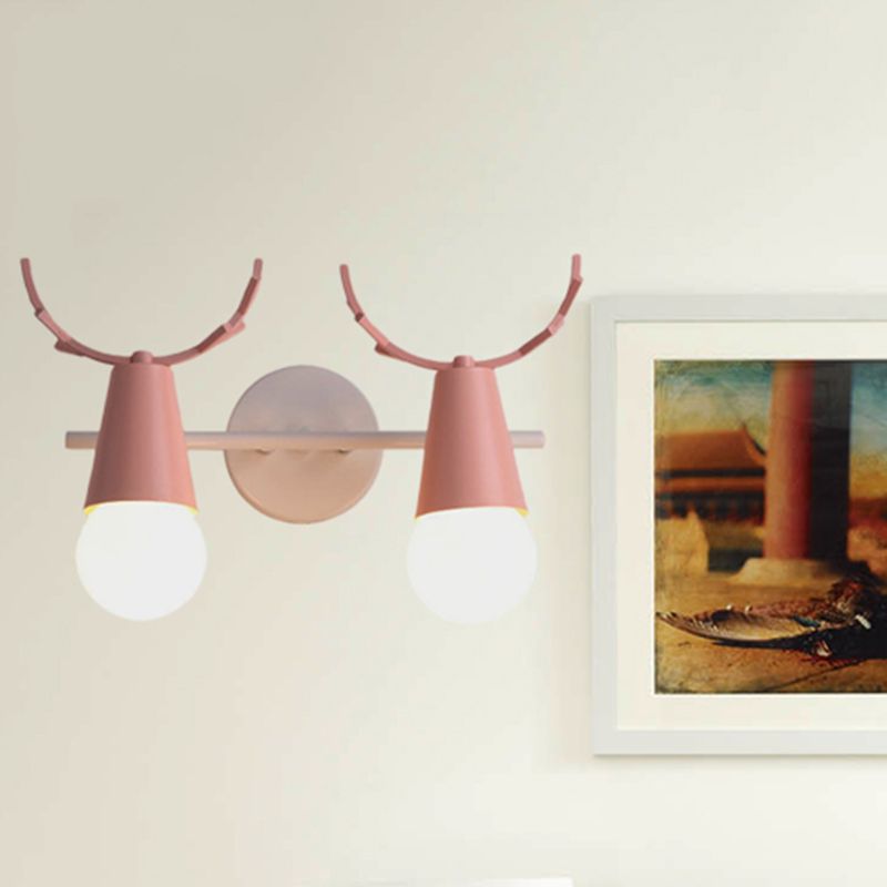2 Heads Cone Wall Light with Antlers Contemporary Metal Wall Sconce for Study Room