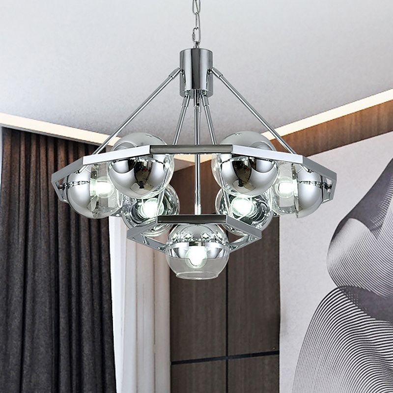 7 lampadine soggiorno sospeso leggero lampadario moderno a soffitto argento con sfera a sfera a 2 strati.