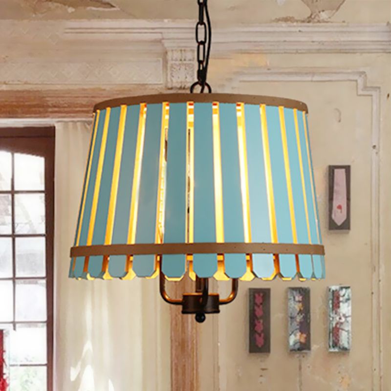 12.5"/16.5" Wide Slatted Chandelier Light Fixture Modern Wooden 3 Lights Blue/Green/Wood Hanging Pendant for Dining Room