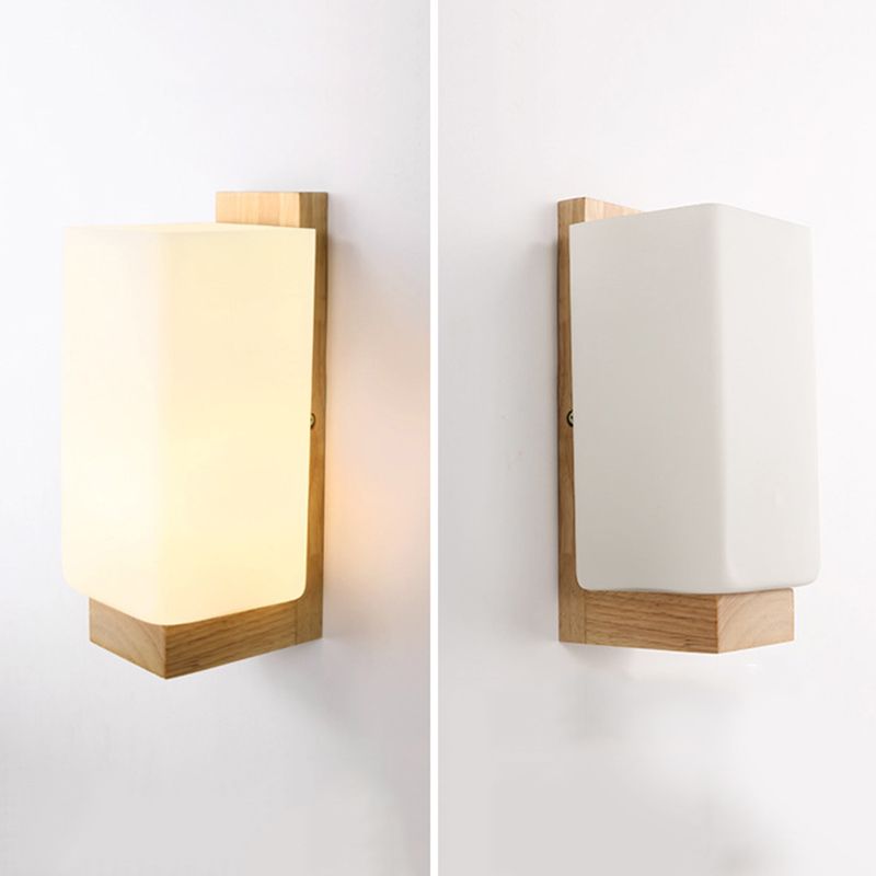 Log Color Rectangular Wall Sconce in Modern Concise Style Wooden 1-Light Wall Lamp with Glass Shade
