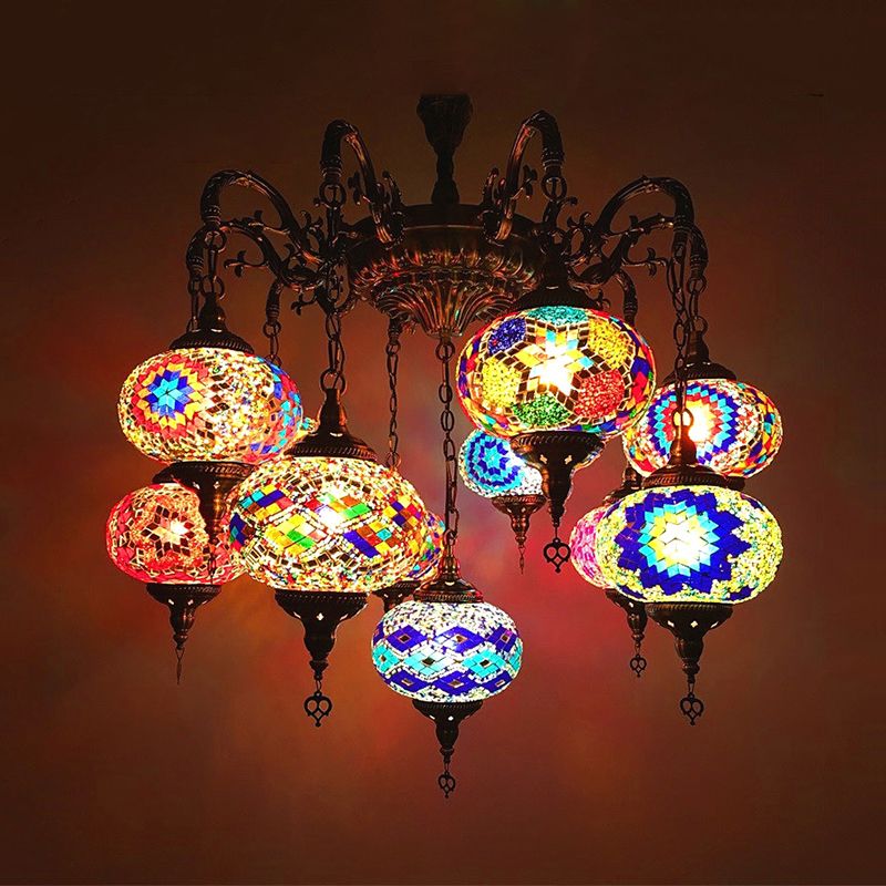 Curved Arm Metal Chandelier Antique 11 Heads Bronze Hanging Light Kit with Global Colorful Glass Shade