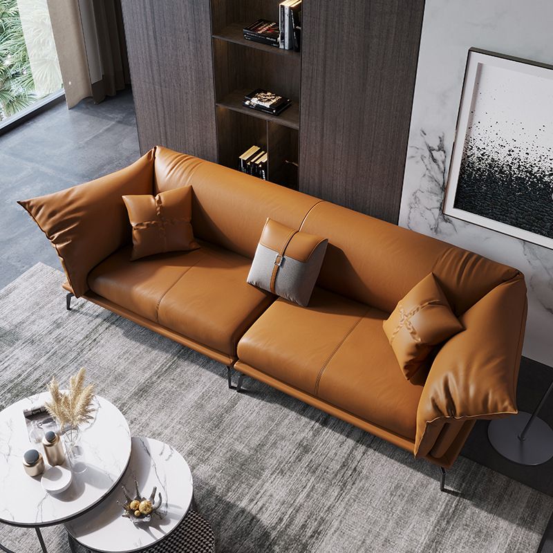 Genuine Leather Modern Orange Sofa Tuxedo Arm Sofa with Pillows