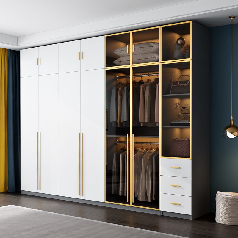 Modern Wood and Glass Wardrobe Freestanding Wardrobe with Soft Close Drawers and Doors