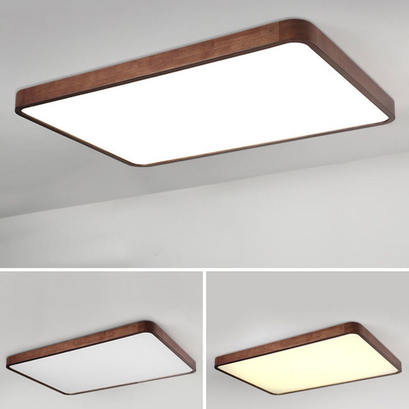 Wooden Rectangular Flush Mount Ceiling Light with White Acrylic Shade for Office Meeting Room