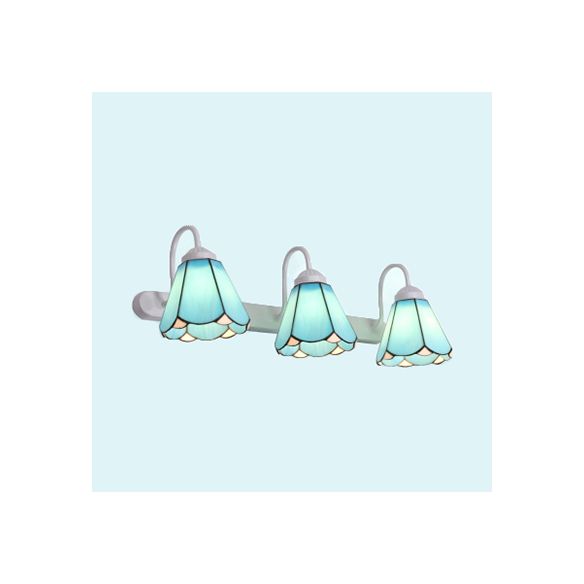 3 Head Wall Sconce Light Tiffany Conical White/Blue Glass Vanity Light Fixture for Bathroom