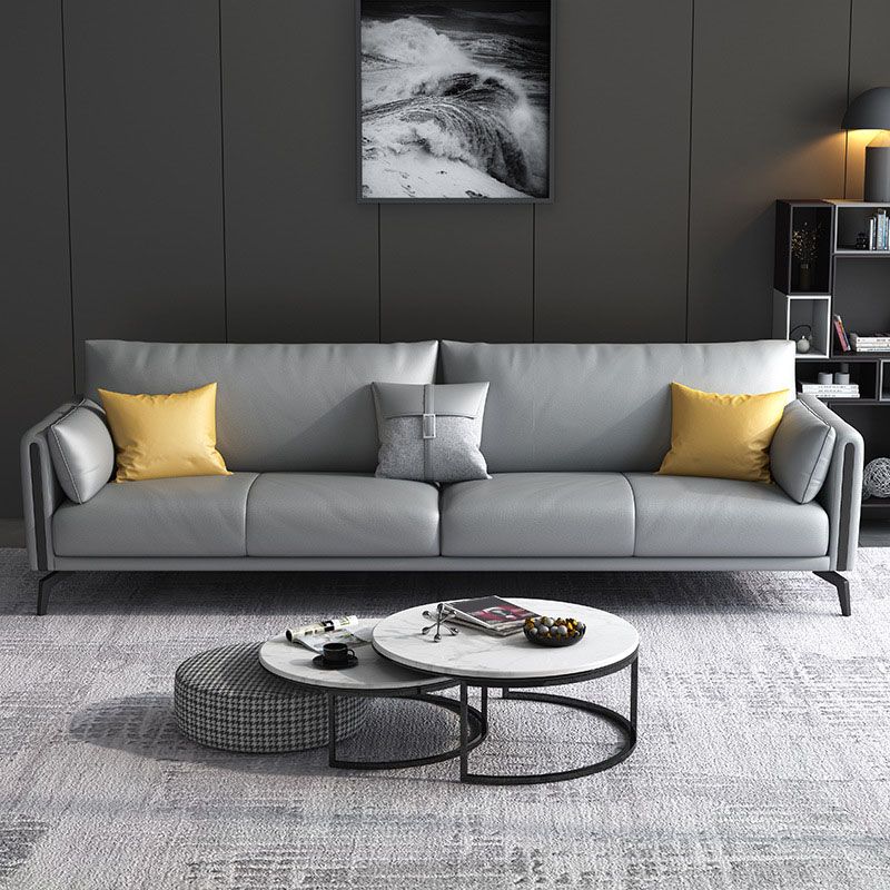 Contemporary Leather Sofa Round Arm Sofa with Bolster Pillows