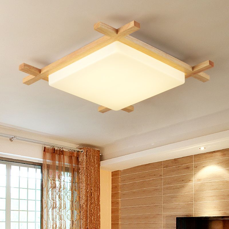 Modern Minimalist LED Ceiling Fixture Wooden Square Flush Mount with Acrylic Shade