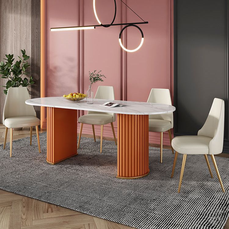 Mesa blanca de piedra sinterizada ovalada, mesa de pedestal doble de lujo para comedor