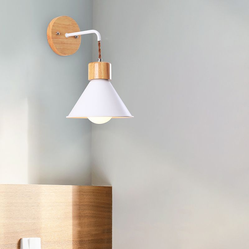 Cone Shade Metallic Wall Sconce Nordic Stylish 1 Light Blue/Pink/White Wall Mount Light with Wooden Cap