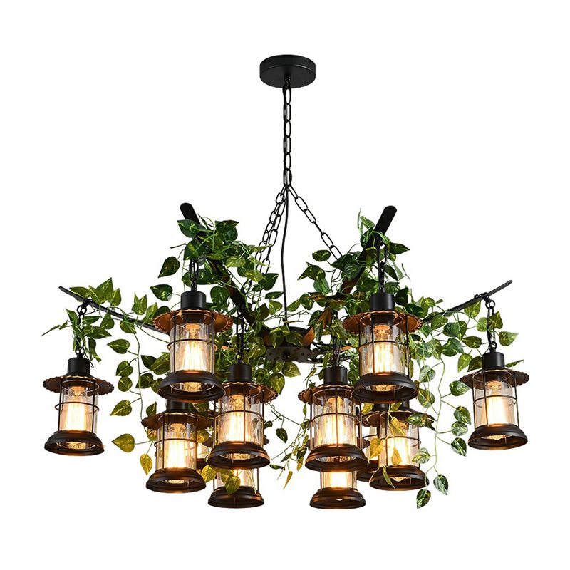 Industrial Style Lantern Chandelier Clear Glass Suspension Light in Black with Green Vine Decoration