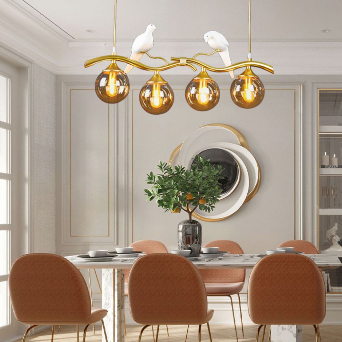 Lámpara de la isla esférica lámpara de vidrio moderno luz colgante con decoración de pájaros