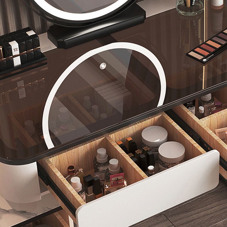 Glass Top Make-up Vanity Wood Dressing Table with  Storage Drawers