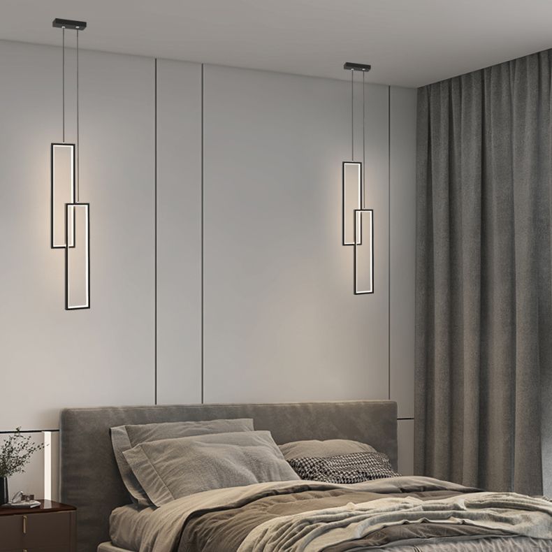 Rectangular LED Pendant Light Minimalist Metal 2-Light Bedside Hanging Light in Black