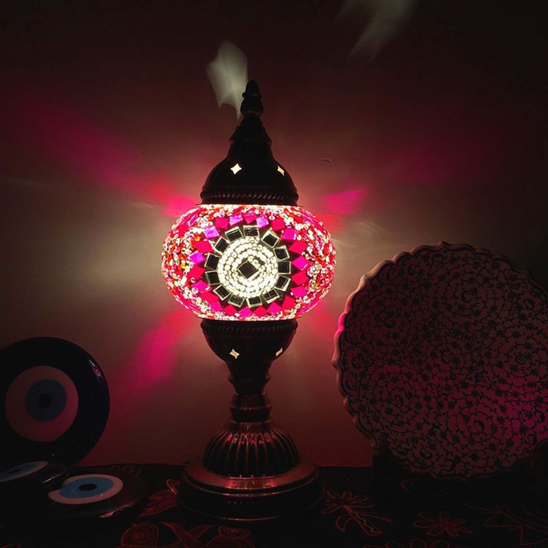 Single Night Stand Light Turkish Bedroom Table Lamp with Spherical Yellow/Red/Blue Glass Shade in Bronze