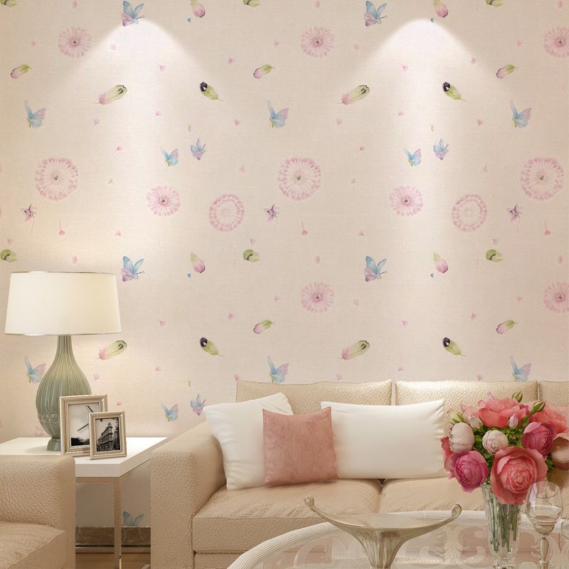 Plants Dandelion and Butterfly Wallpaper Novelty Non-Woven Fabric Wall Decor in Light Color