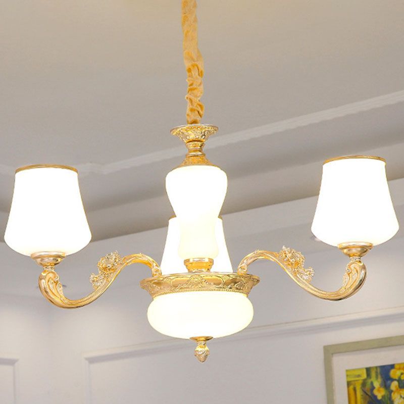 Colgante cónico colgante simple accesorio de iluminación de lámpara de oro de vidrio blanco con brazo desplazado