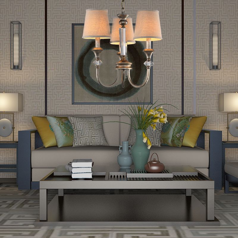 Rustic Tapered Ceiling Lamp 3/6 Lights Fabric Chandelier Light Fixture in Aged Silver for Living Room
