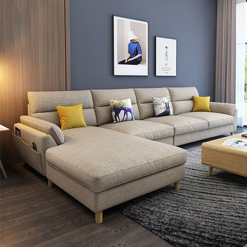 Flared Arm Linen Sectional Sofa Scandinavian Sectional with Wood Legs