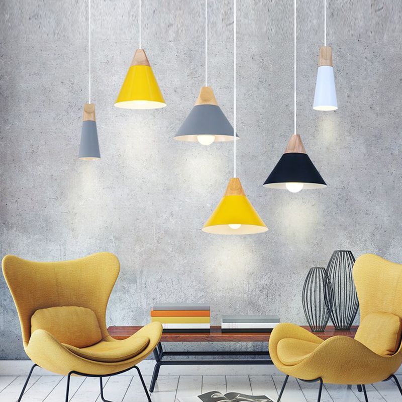 Polished Aluminum Macaroon Style Hanging Lamp 1-light Wooden Simplicity Lighting Fixture with 47" Adjustable Suspension Wire