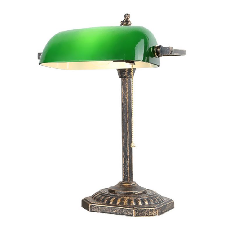 Bronze Rectangle Nightstand Light Traditional Green Glass 1 Bulb Bedroom Reading Book Lamp with Pull Chain