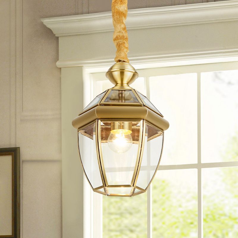 Hexagonal Clear Glass Lantern Pendant Retro 1-Light Foyer Hanging Lamp Kit in Gold