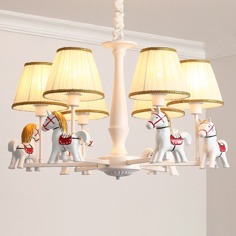 Carousel Child Room Pendant Light Resin Cartoon Chandelier with Tapered Fabric Shade in White