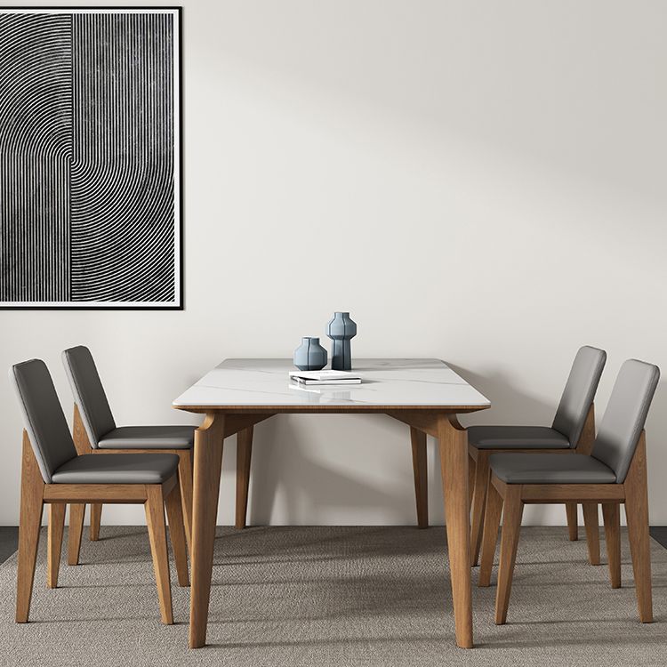Mid-Century Modern Rectangle Dining Table White Sintered Stone Table with 4 Ash Solid Wood Legs