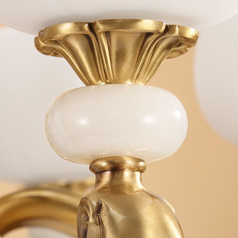 6-Bulb Chandelier Lighting Traditional Ivory Glass Flowerbud Hanging Ceiling Light in Gold