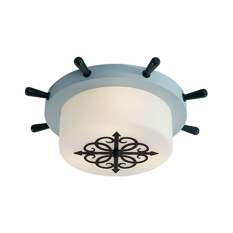 Drum Parlor Flush Mount Light White Glass LED Creative Ceiling Fixture with Rudder Design in Brown/Blue
