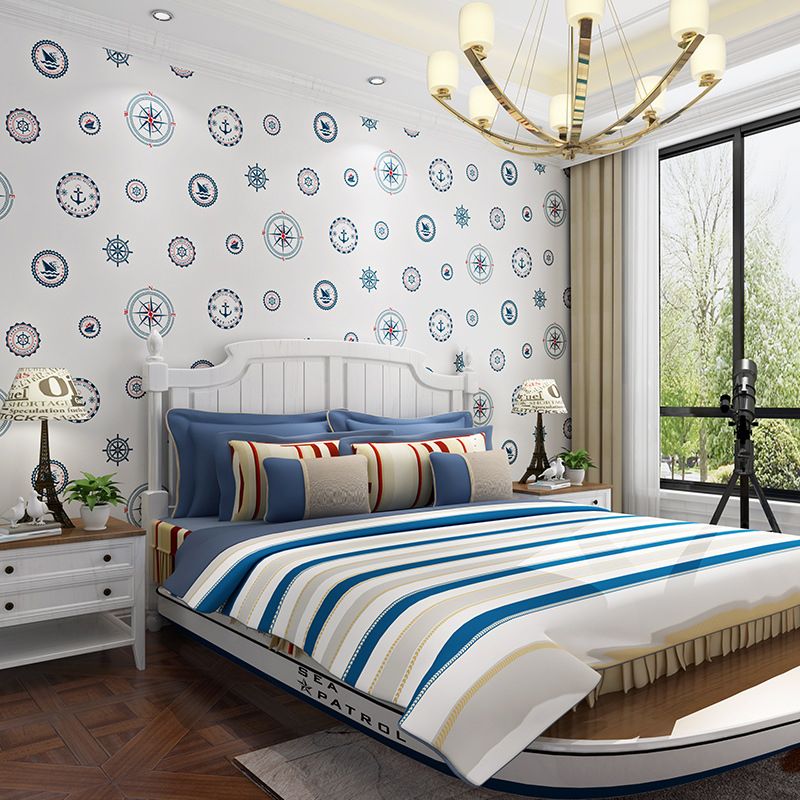Mediterranean Compass and Boat Wallpaper for Kids' Room in White and Blue Non-Pasted Non-Woven