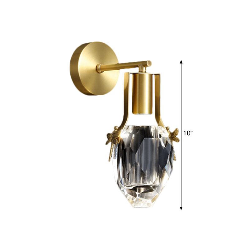 Lámpara de pared LED Moderna de lluvia moderna Luz de pared de cristal biselada transparente en oro con diseño de libélulas de metal