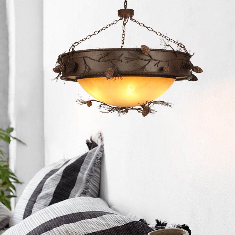 4 Lights Ceiling Light Country Bowl Frosted Glass Hanging Chandelier in Red Brown with Pinecone Accents