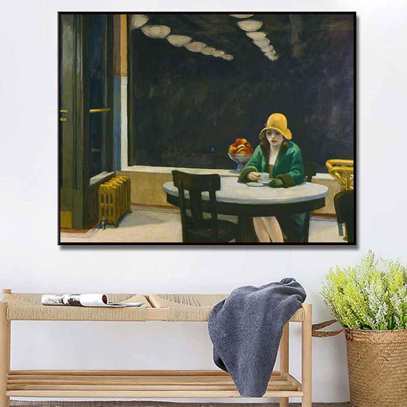 Nordic Figure Canvas Wall Art Black Woman Waiting in Cafe Painting for Sitting Room