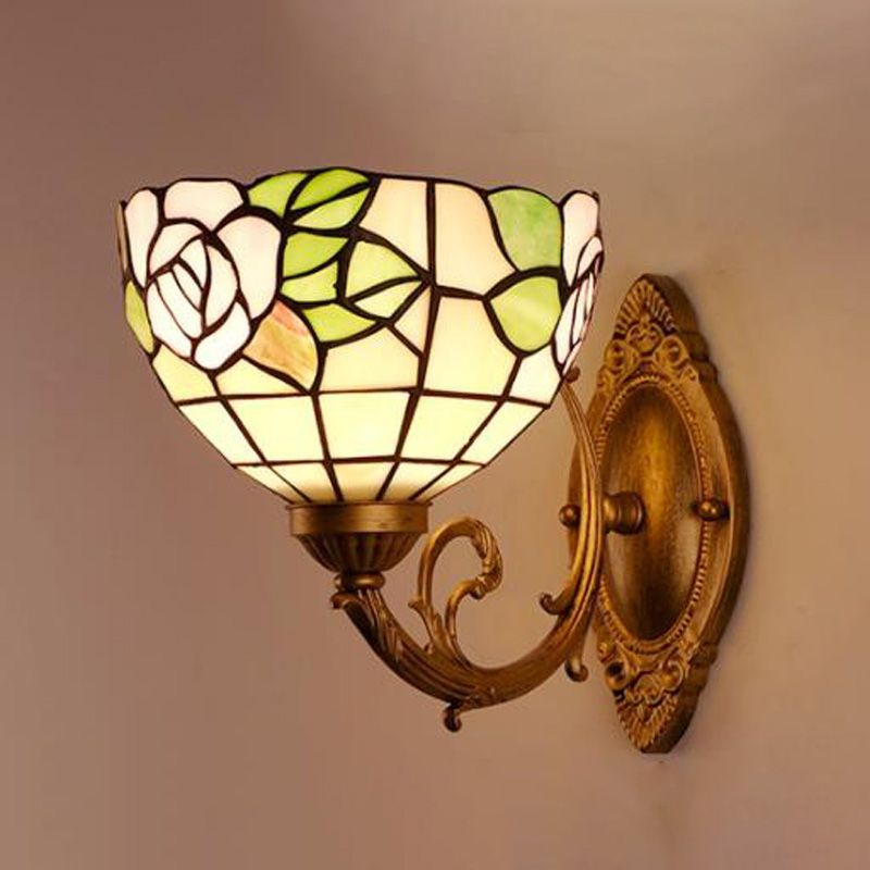 Grape/Blossom Vanity Lighting Fixture 1 Light Stained Art Glass Victorian Sconce Light in Brass for Bathroom