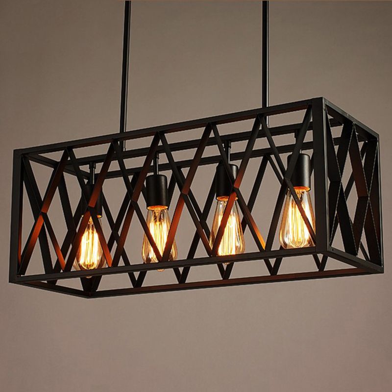Black Cage Shape Island Pendant Light Industrial Metal Coffee Shop Chandelier Lamp