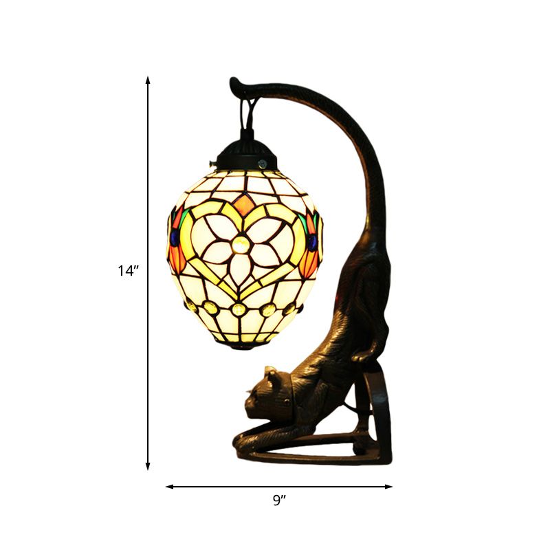 Droplet Desk Lamp Tiffany Style Hand Cut Glass 1 Light Bronze Finish Cat Nightstand Light with Flower Pattern