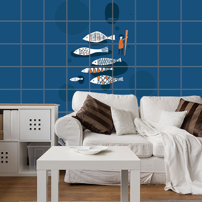 Cartoon Fish Racing Wallpaper Panel Set Blue Pick-Up Sticks Wall Art for Kitchen