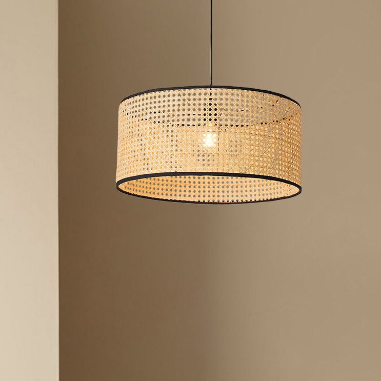 Drum Rattan Schatten Anhänger Hanging Lamp Asia Style 1 Licht hängende Deckenleuchte im Beige für Wohnzimmer