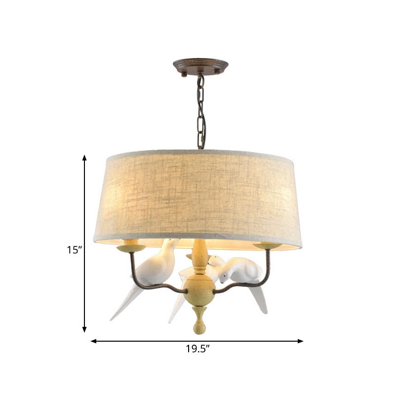 3 lumières lustre de tambour Light Vintage White tissu suspendu plafond avec oiseau
