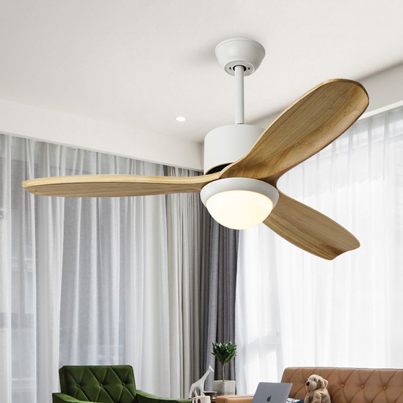Witte kom hanger ventilatorverlichting minimalisme houten led woonkamer semi-flush mount met 3 houten messen, 52 "breed