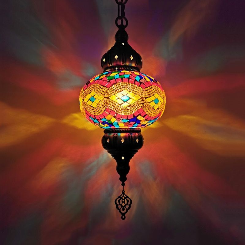1 Head Cut Glass Ceiling Pendant Light Traditional Beige/Yellow/Blue Oval Dining Room Hanging Light Fixture